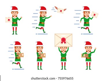 Set of female elf characters posing with letter and parcel box in different situations. Cheerful elf girl holding letter, package, running and showing other actions. Flat style vector illustration