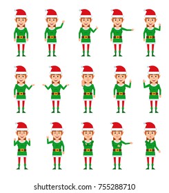 Set of female elf characters showing different hand gestures. Cheerful elf girl pointing, greeting, showing thumb up and other gestures. Flat style vector illustration