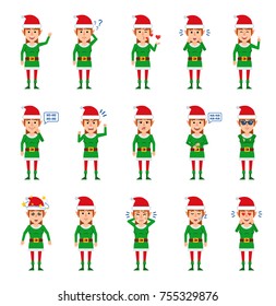 Set of female elf characters showing different emotions. Cheerful elf girl laughing, sleeping, dazed, crying and showing other emotions. Flat style vector illustration