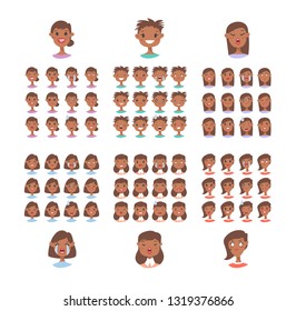 Set of female emoji characters. Cartoon style emotion icons. African american girls avatars with different facial expressions. Flat illustration women emotional faces. Hand drawn vector drawing emotic