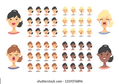 Set of female emoji characters. Cartoon style emotion icons. Isolated american girls avatars with different facial expressions. Flat illustration women emotional faces. Hand drawn vector drawing emoti