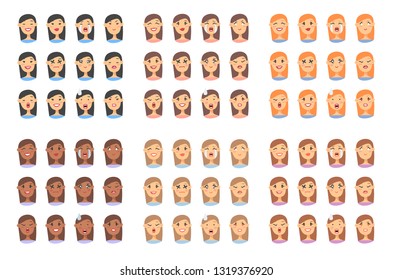 Set of female emoji characters. Cartoon style emotion icons.Isolated american girls avatars with different facial expressions. Flat illustration women emotional faces. Hand drawn vector drawing emotic