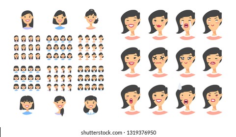 Set of female emoji characters. Cartoon style emotion icons. Isolated asian girls avatars with different facial expressions. Flat illustration women emotional faces. Hand drawn vector drawing emoticon