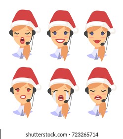 Set of female emoji customer support phone operator in Christmas hat. Callcenter worker with headset. Cartoon vector illustration woman agent