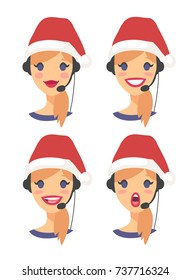 Set of female emoji customer support phone operator in Christmas hat. Callcenter worker with headset. Cartoon vector illustration caucasian woman agent