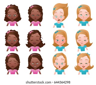 Set of female emoticons or avatars with small girl portraits with different emotions