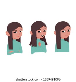 Set of female emotions. Cartoon girl in flat vector style. A unhappy and joyful character on an isolated white background. Color illustration, design element. 