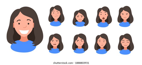 A set of female emotions. The expression on his face. The Avatar girl. Vector illustration of flat design on white isolated background.