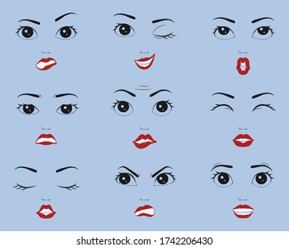Set of female emotions, female faces with different emotions. Expression of female faces, lips, nose, eyes. Cut Out vector clipart for printing on t-shirts, women's mood.