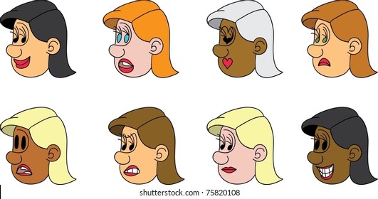 Set of female emotions: smiling, surprised, loving, sad, scared, indifferent, angry, laughing