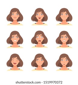 Set of female emotions. Vector illustration in cartoon style.