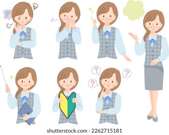 Set of female expressions in various poses doing work