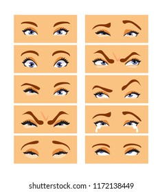Set Of Female Eye With Different Emotions And Expressions. Vector Illustration