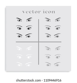 Set of female eyes and brows flat black and white vector icon.