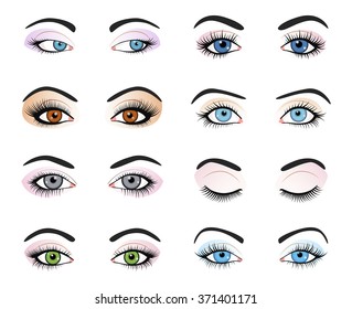 Conjunto de ojos femeninos e imagen de cejas con bello maquillaje de moda. Ilustración vectorial para el diseño del glamour de la salud. Color azul, verde y marrón. Ojos de mujer cercanos y abiertos.