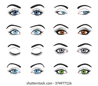 Set of female eyes and brows image with beautifully fashion make up. Vector illustration for health glamour design. Blue, green and brown colors. Close and open woman eyes.