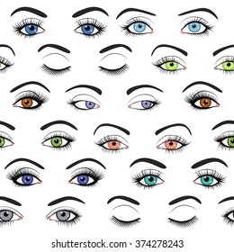 Set of female eyes and brows seamless pattern. Vector illustration for health glamour design. Blue, green and brown colors. Close and open woman eyes.