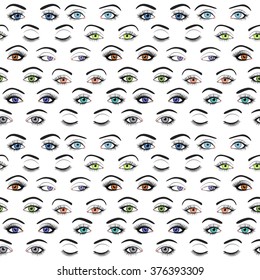 Set of female eyes and brows seamless pattern. Vector illustration for health glamour design. Blue, green and brown colors. Close and open woman eyes.