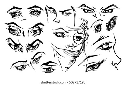 Set of female eyes and brows. Vector illustration in ink hand drawn comics style. Different emotions.