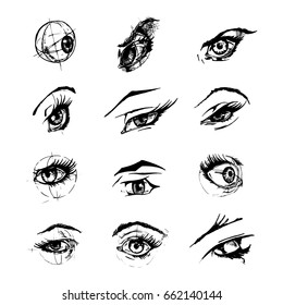 Set of female eyes and brows. Vector illustration in ink hand drawn comics style. 