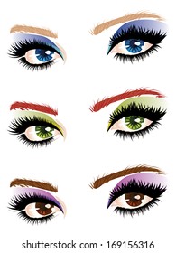 Set of female eyes of different colors with makeup.