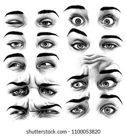 set of female eyes with different emotions, sketch vector graphics monochrome illustration