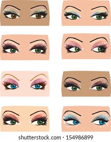 Set of female eyes of different shapes with sparkly shadows vector illustration