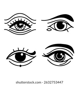 Set of female eyes. Hand drawn illustration isolated on white background. Collection of women's eyes. Different types of eyes, eyelashes, eyebrows. Different types of eyes. 