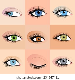 Set of female eyes images with beautifully fashion make up. Vector illustration for health glamour design. Blue, green and brown colors. Close and open woman eyes.