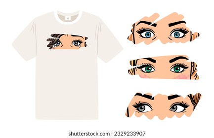 Set of female eyes seen through glass. Different looks of a woman for white T-shirt design of face eye print, image shock and scare, vector illustration