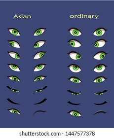 Set Of Female Eyes. Vector Illustration For Animation And Glamour Design. Close And Open Woman Eyes