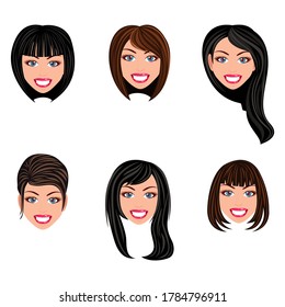 Set of female face avatar portraits with six different hairstyle smiley face collection isolated with white background 