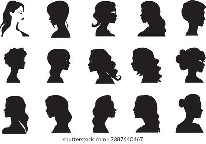 Set of female face silhouettes. Woman face silhouettes set. Female face icons set. Vector illustration