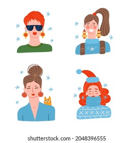 Set of female faces Christmas portraits. Collection of happy new year cartoon woman characters with Sants hats and baubles earings isolated flat vector illustration.