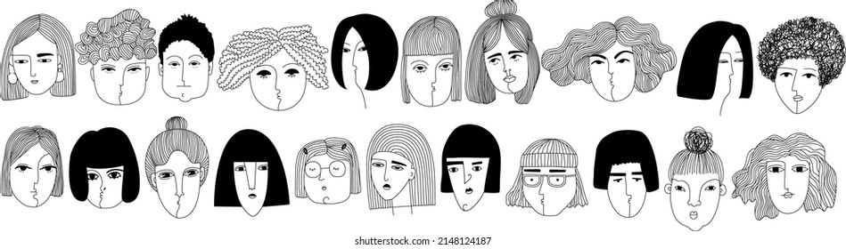 Conjunto de caras femeninas. Caracteres diferentes. Retratos en blanco y negro. Retratos extravagantes de bonitas damas.  Dibujo a mano a la moda ilustración Vector. 