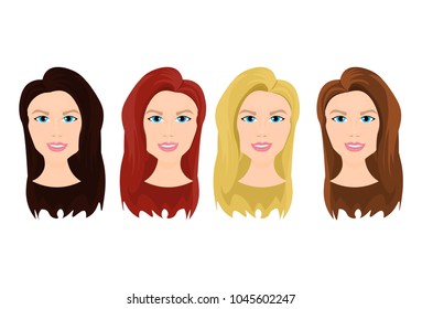 Conjunto De Rostros Femeninos Con Diferentes Colores De Cabello Hermosa Joven Aislada En Ilustración Vectorial De Fondo Blanco