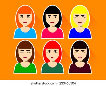 set of female faces with different emotions