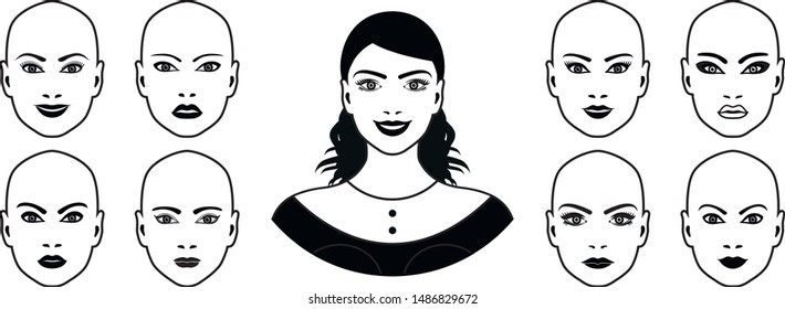 Set of female faces with different facial features, facial expressions, makeup. Vector illustration