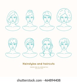 Set of female faces with different hairstyles and haircuts Silhouettes of head for barber shop and beauty salon.