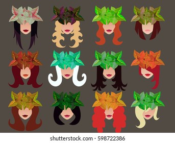 Set of female faces with different hairstyles and wreath