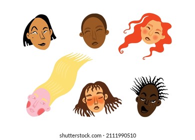 Set of female faces of different nationalities in cartoon style