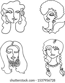 Set of female faces drawn in one continuous line. Abstraction in a minimalist style. Vector illustration.
