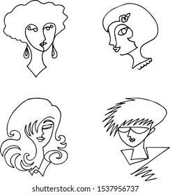 Set of female faces drawn in one continuous line. Abstraction in a minimalist style. Vector illustration.
