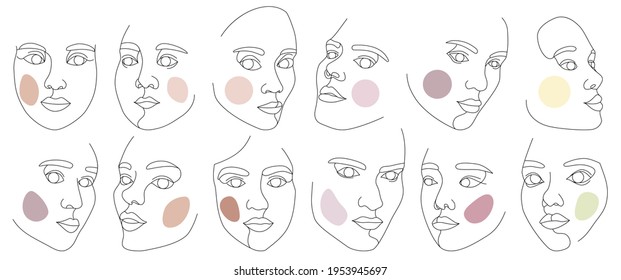 Set of female faces drawn with one continuous line. Minimalistic abstract portraits of beautyful women. Modern fashion concept. Black sketch on white background