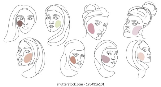 Set of female faces drawn with one continuous line. Minimalistic abstract portraits of beautyful women. Modern fashion concept. Black sketch on white background