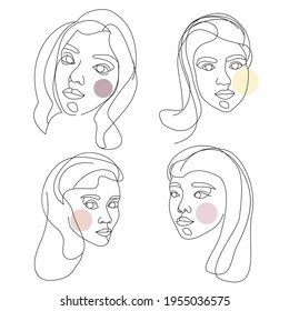 Conjunto de caras femeninas dibujadas con una línea continua. Retratos abstractos minimalistas de mujeres hermosas. Concepto moderno de moda. Esbozo negro sobre fondo blanco