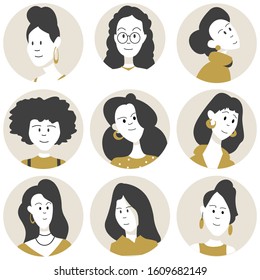 Set of female faces, flat vector characters.	