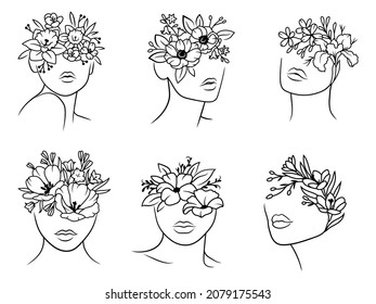 Set of female faces with flowers. Collection of woman's head with flower. Design for printing. Boot. Vector illustration isolated on white background.