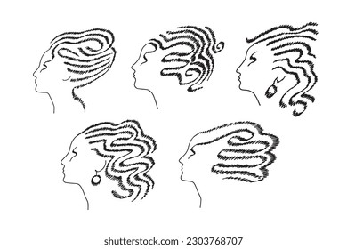 Set of female faces hand-drawn doodle. Woman profile with hairstyle. Suitable for barbershop design. Vector illustration.