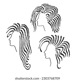 Conjunto de rostros femeninos dibujados a mano. Perfil de la mujer con peinado. Adecuado para el diseño de la barbería. Ilustración vectorial.